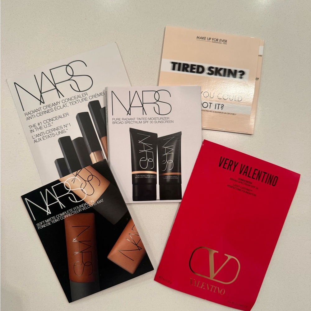 NARS and Valentino Foundation, Concealer and SPF Moisturizer Sample Cards